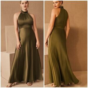 BHLDN NWT Cortland Satin Maxi Gown Size 16 Olive Green Sleeveless High Neck